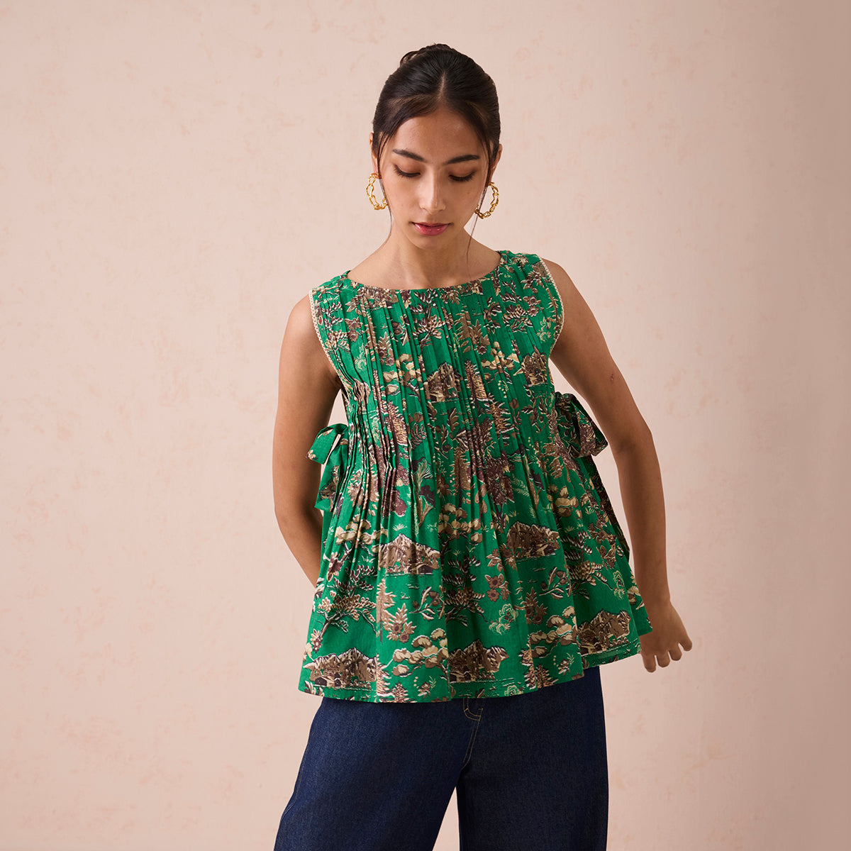 Emerald Pine Pleated Lyocell Blouse