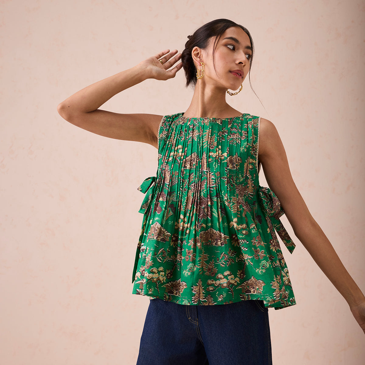 Emerald Pine Pleated Lyocell Blouse