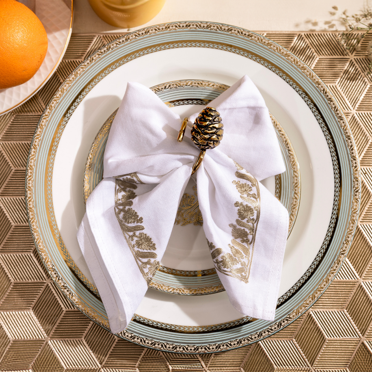 Himalayan Golden Pine Cone Charm Napkin Ring | Set of 4