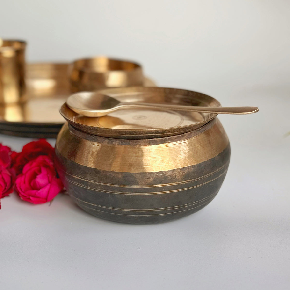 Bronze Serving Bowl Set | Kansa Handi with Ladle | Gold