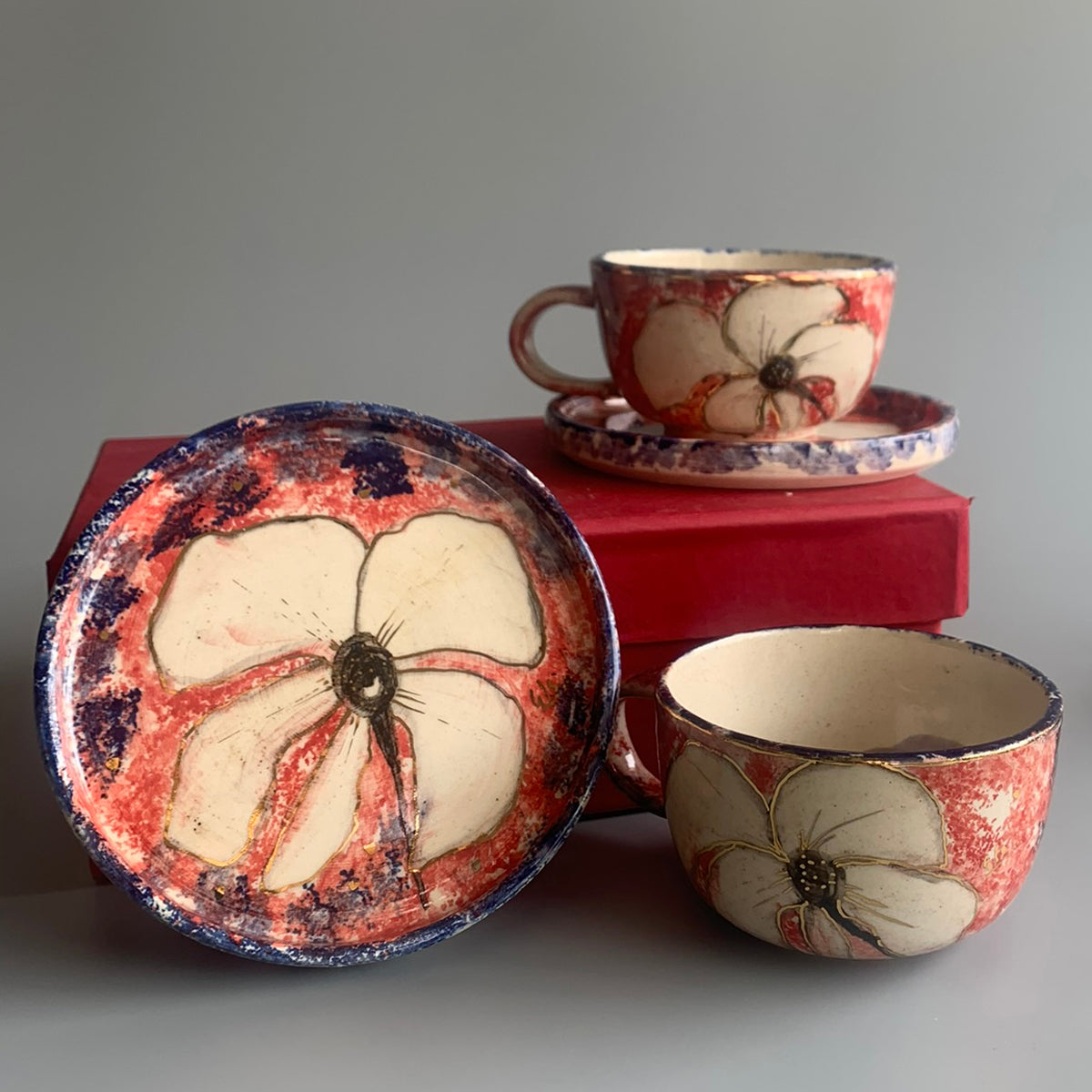 Lily Cup And Saucer (Dark) - Blue & Red Set Of 2