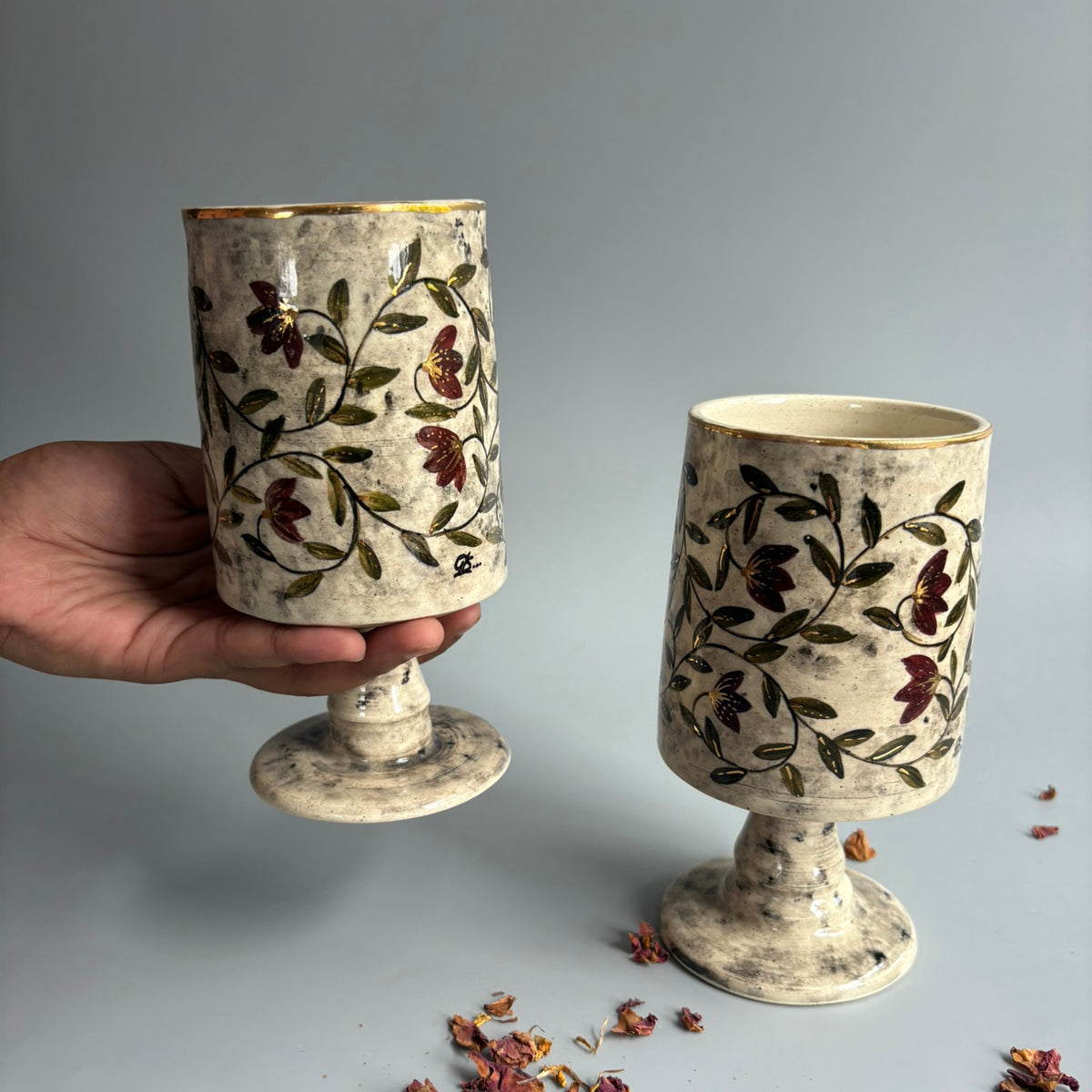 Mughal Regal Wine Glasses Red & Green - Ivory, Red & Green