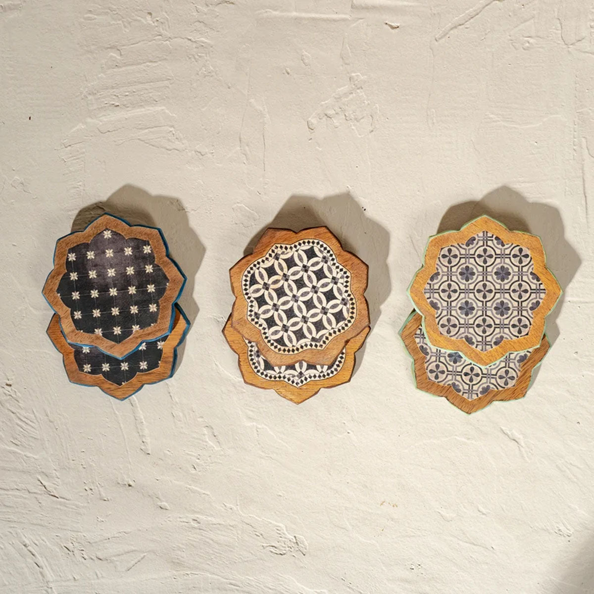 Kasida Wooden Coasters | Blue Embroidery-Inspired | Set of 6