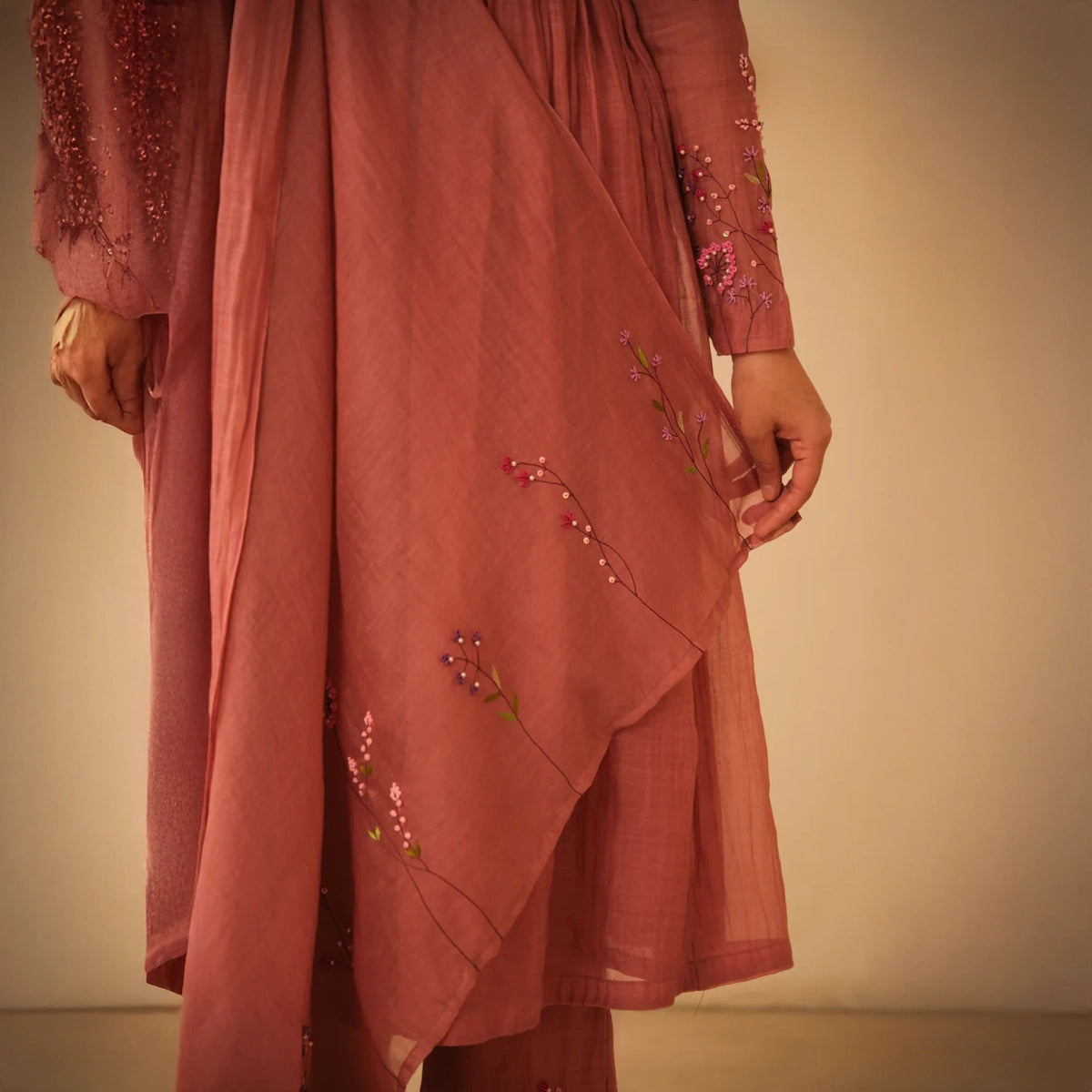 Mauve Hand Embroidered Chanderi Dupatta