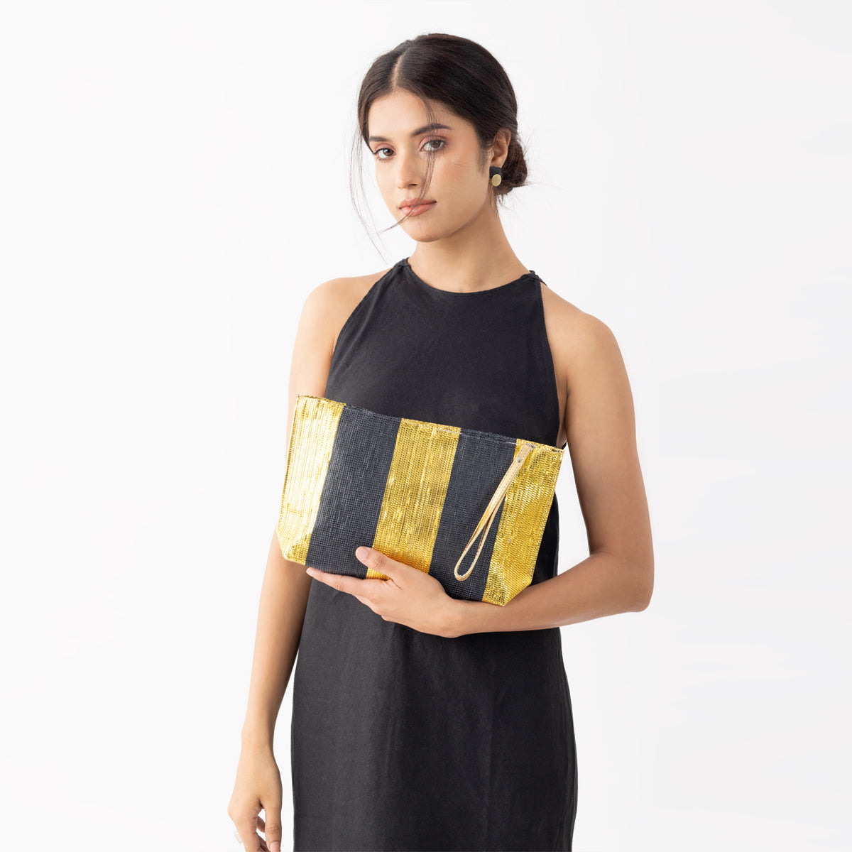 Black Gold Bands Metallic Clutch