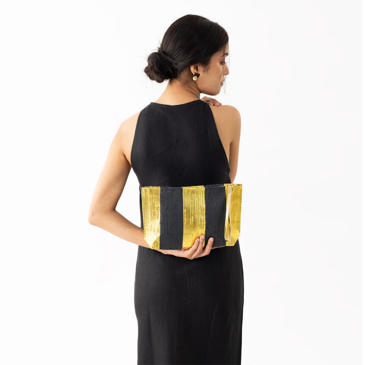Black Gold Bands Metallic Clutch