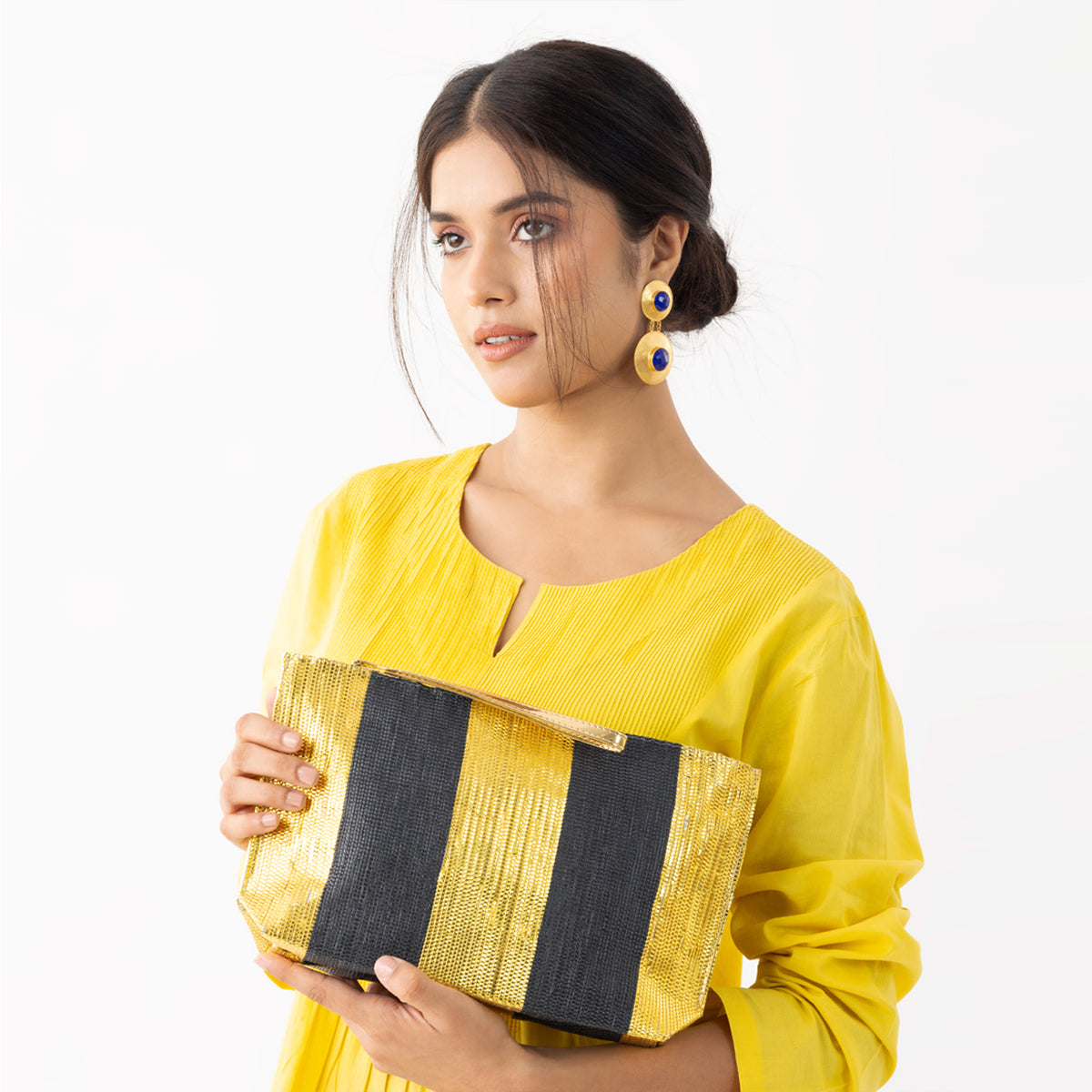 Black Gold Bands Metallic Clutch