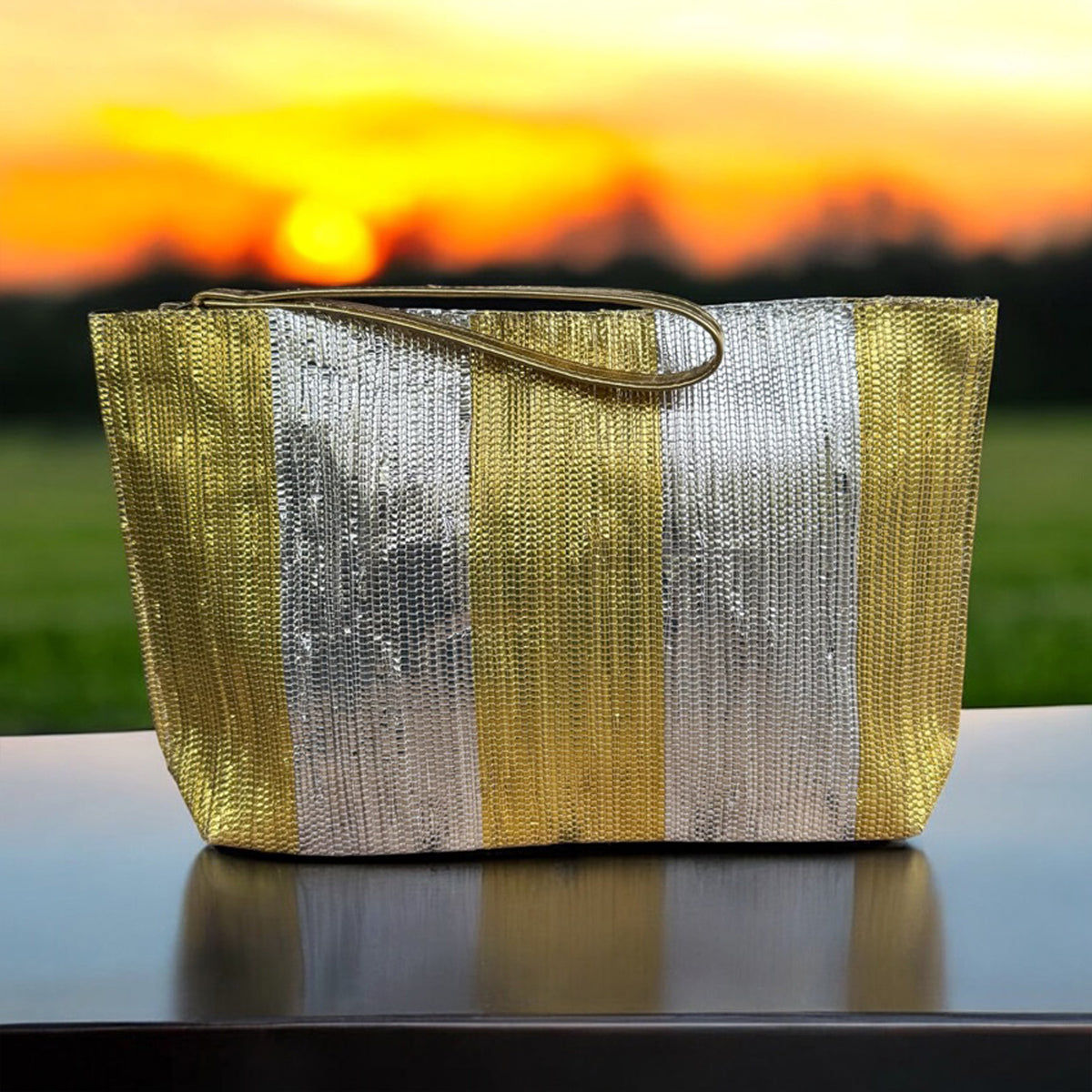 Silver Gold Bands Metallic Clutch