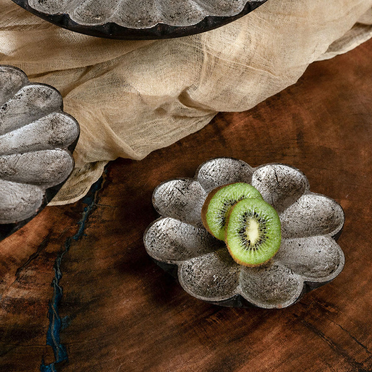 Mogra Platter Set of 3 | Warm-Silver Foil Wooden Floral Serving Platters