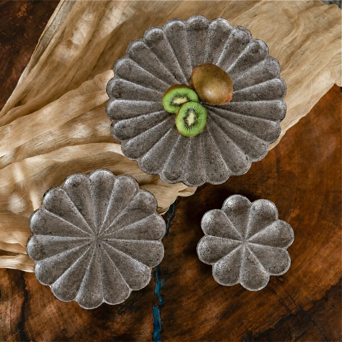 Mogra Platter Set of 3 | Warm-Silver Foil Wooden Floral Serving Platters