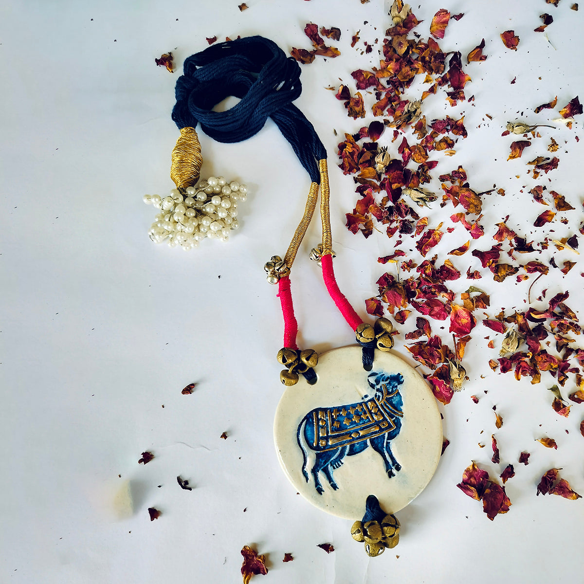 Naushad Gold Collection - Blue On White Background Pichwai Cow Pendant