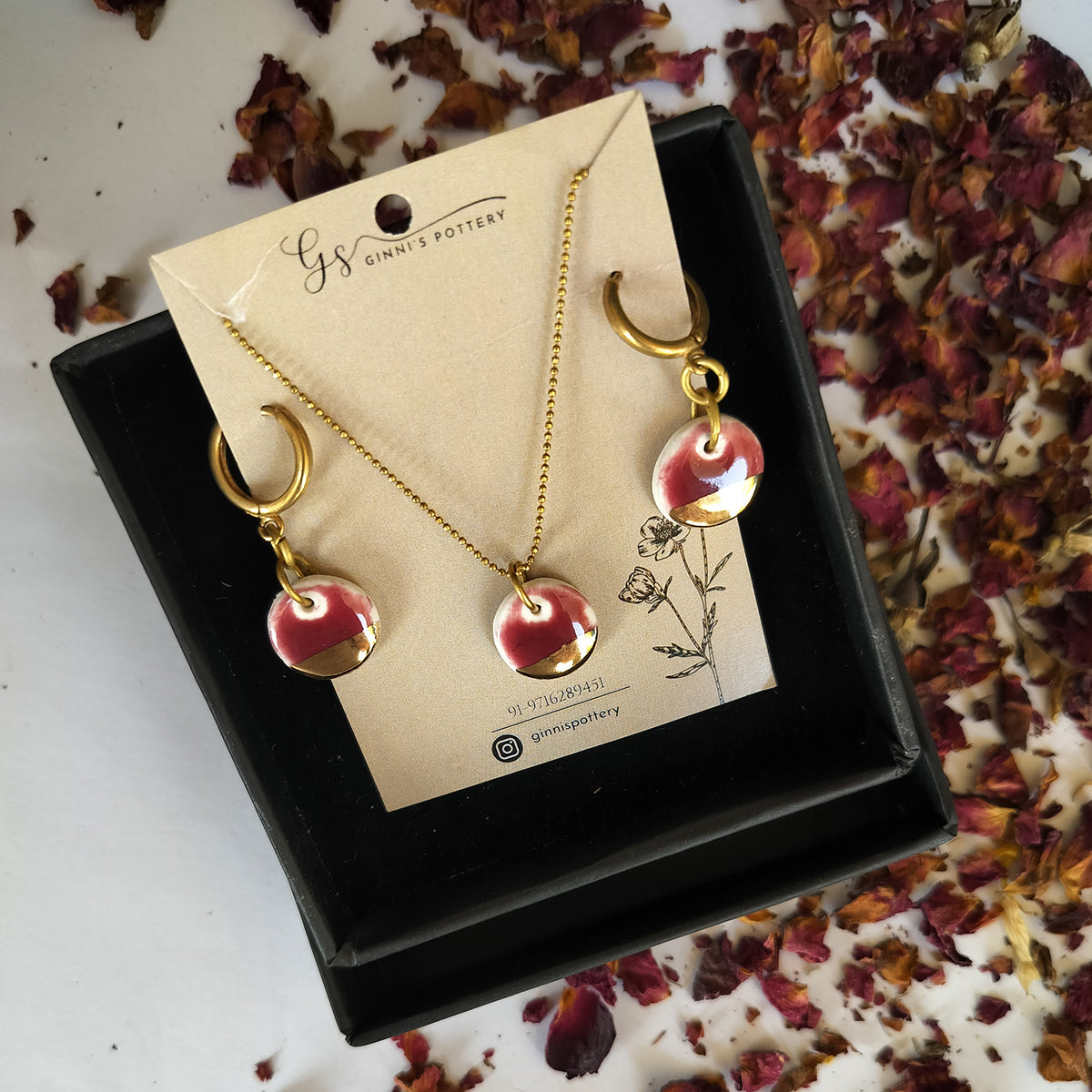 Noor Gold Collection - Earring And Pendant Set - Red