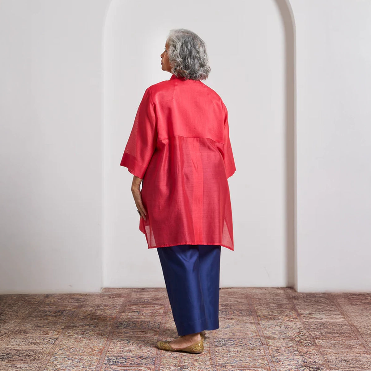 Watermelon Red Striped Chanderi Anti-Fit Top with Handwork