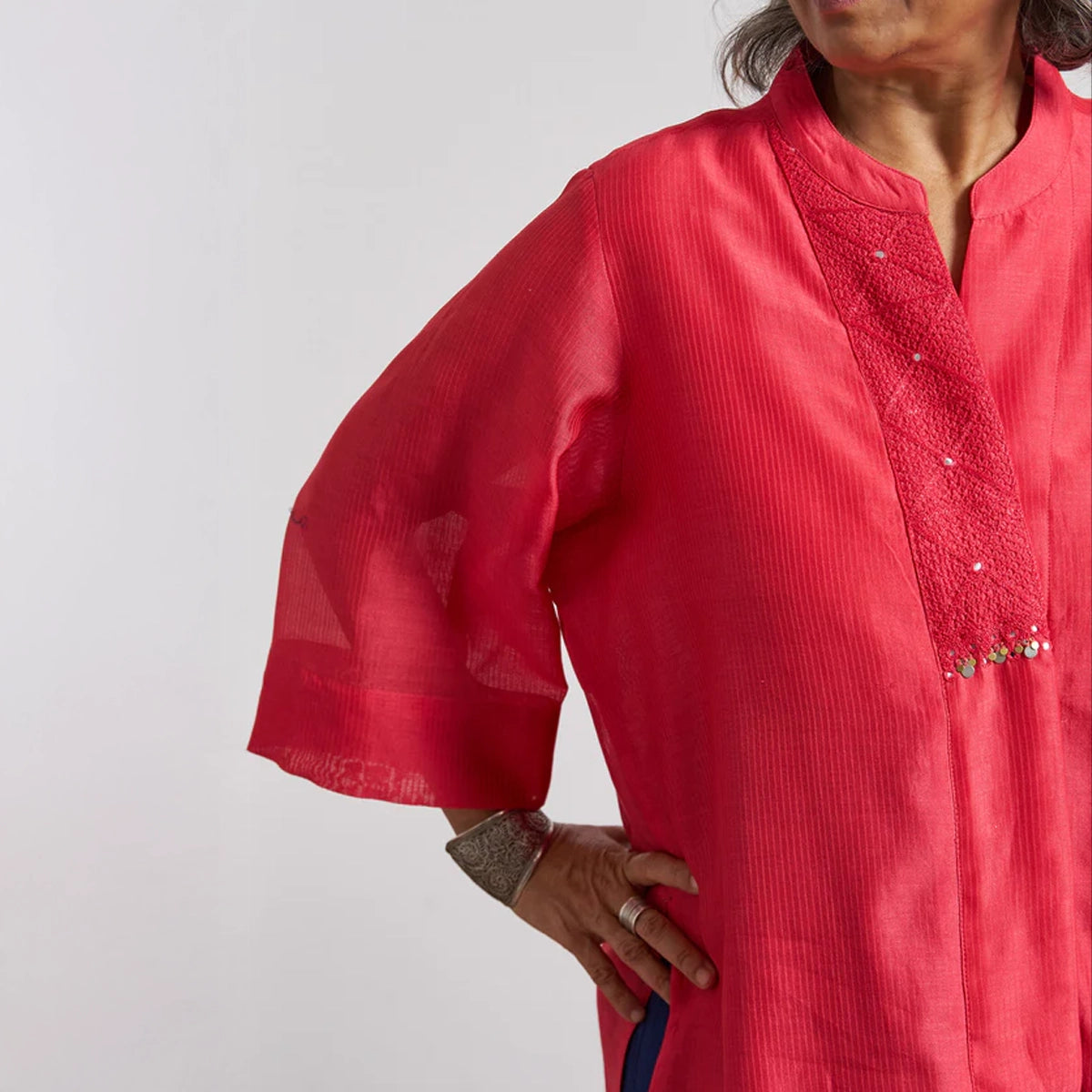 Watermelon Red Striped Chanderi Anti-Fit Top with Handwork