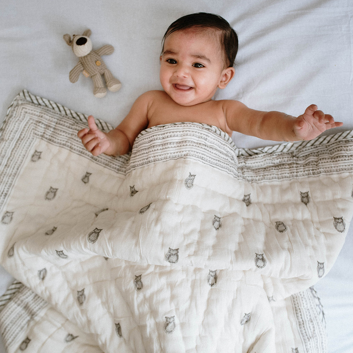 Owl Block Printed Baby Quilt