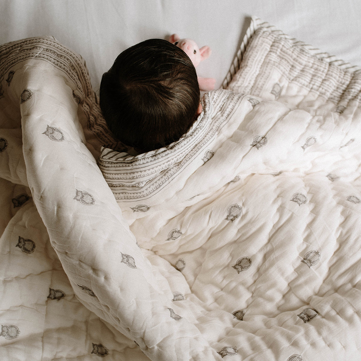 Owl Block Printed Baby Quilt