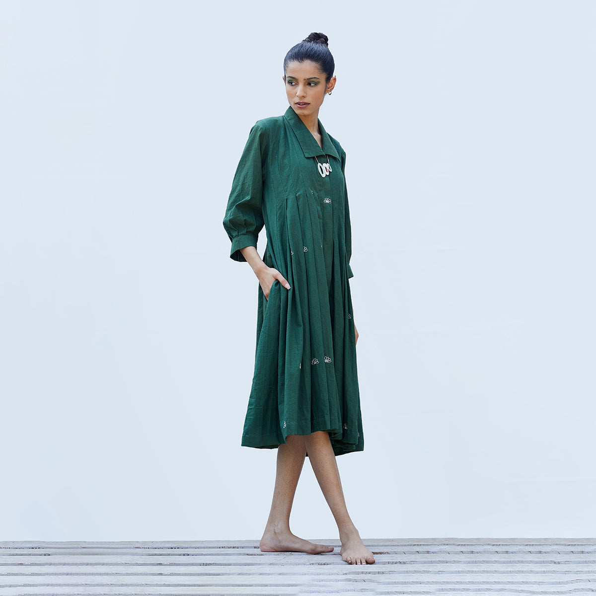 Handwoven Cotton Shirt Dress for Women | Basil Green