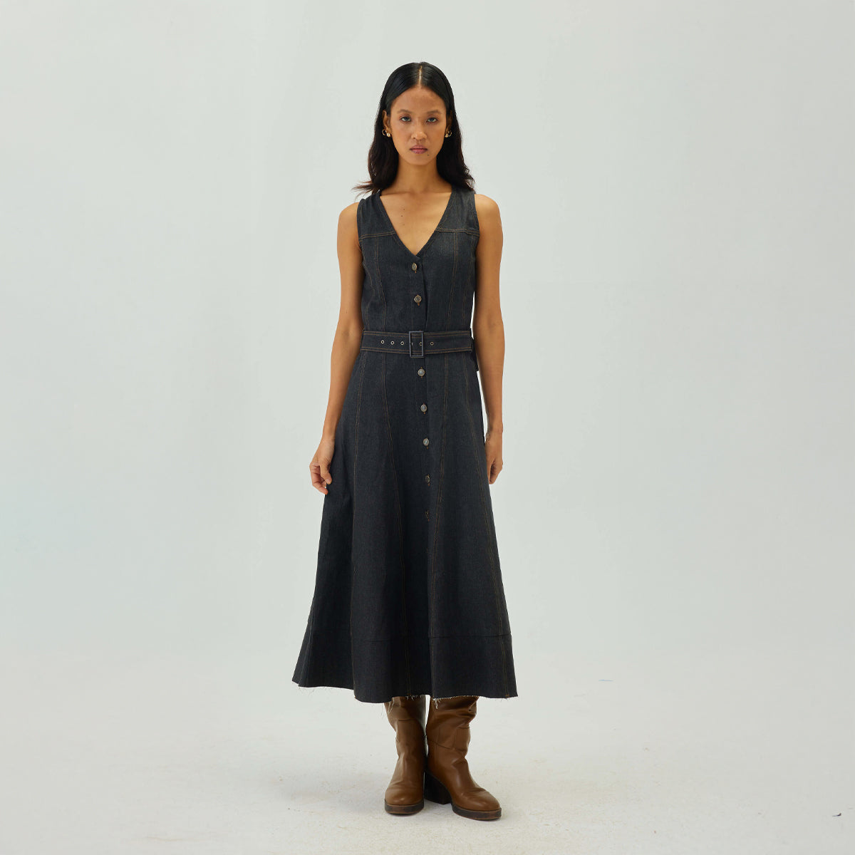 Denim Top Stitch Belted Midi Dress | Graphite