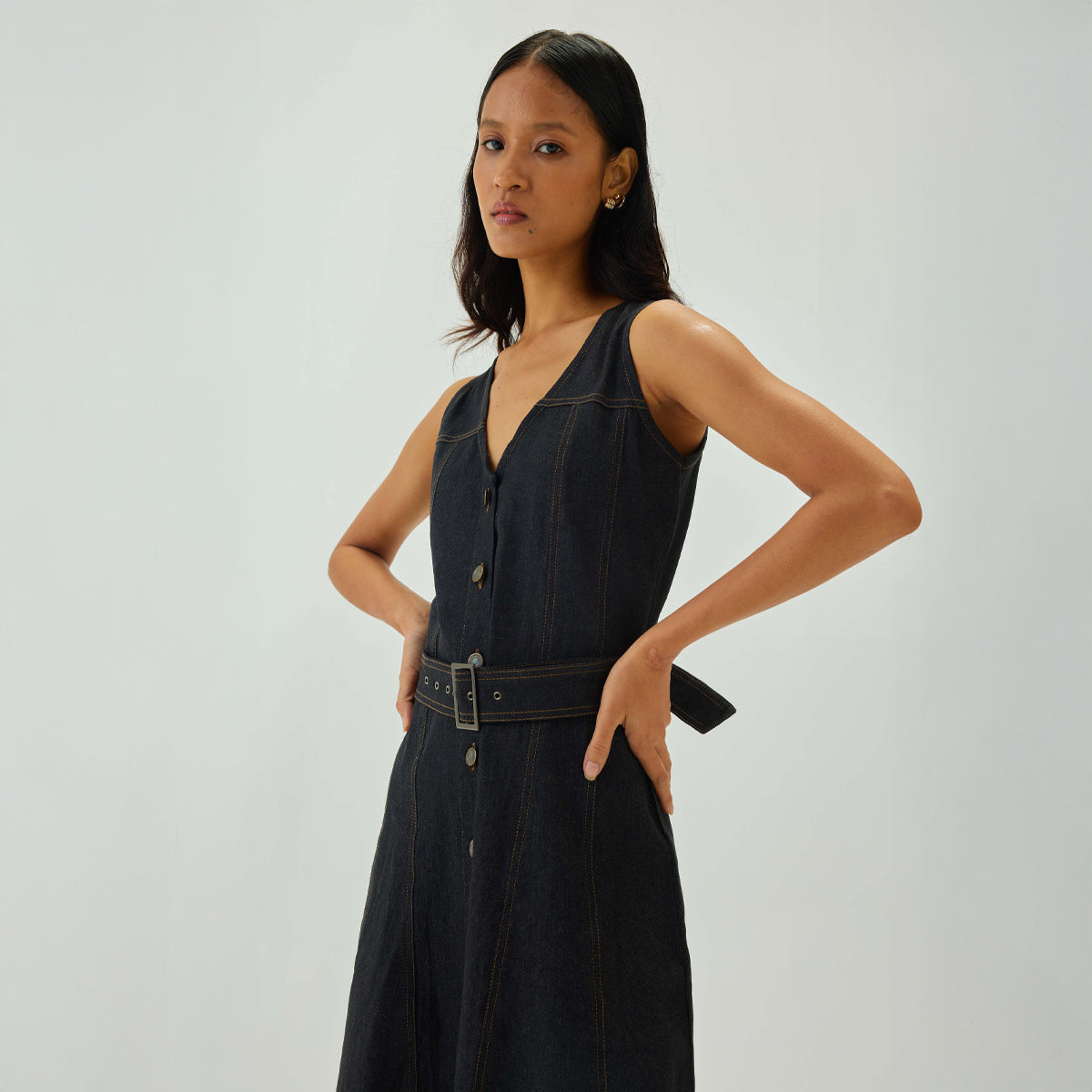 Denim Top Stitch Belted Midi Dress | Graphite