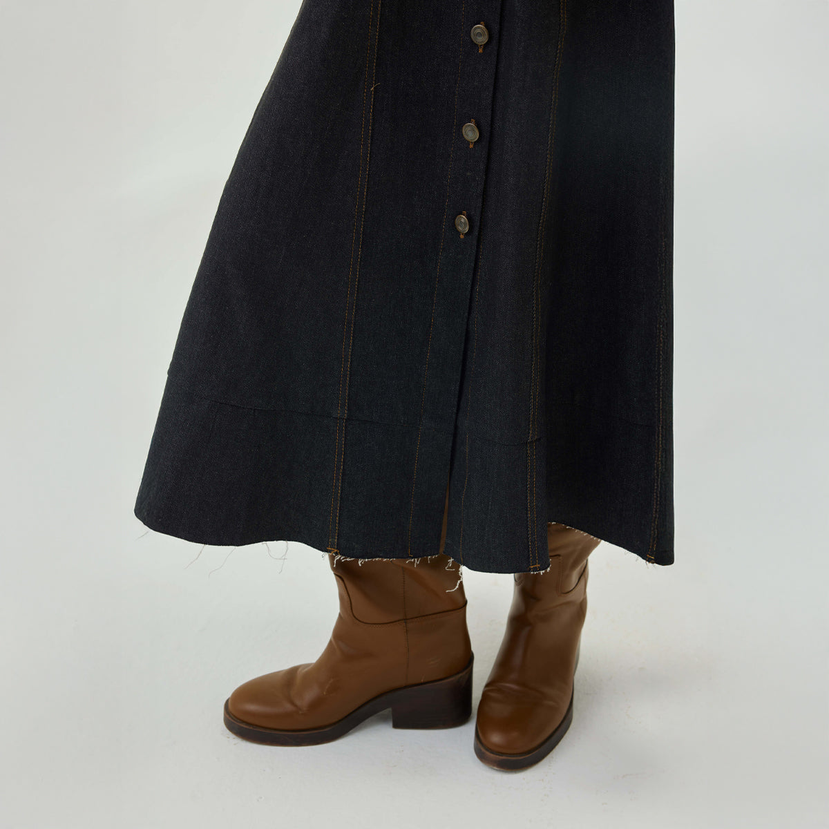 Denim Top Stitch Belted Midi Dress | Graphite