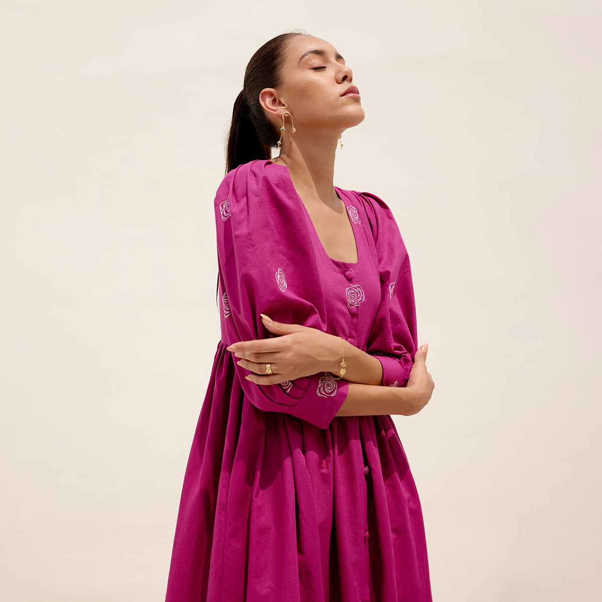 Hemp Embroidered Dress for Women | Flared | Magenta