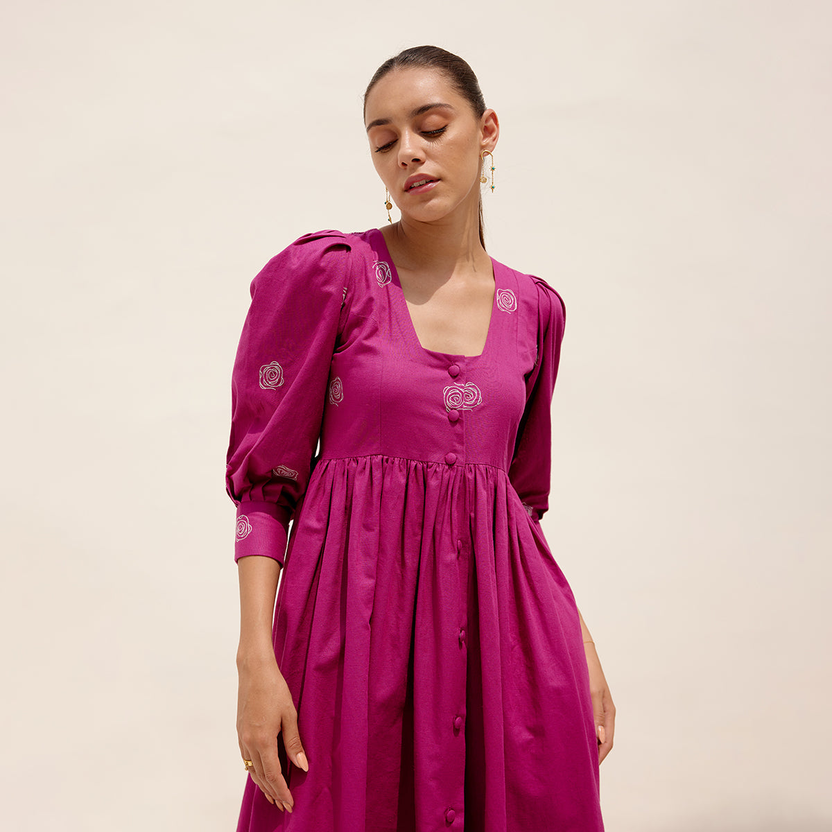 Hemp Embroidered Dress for Women | Flared | Magenta