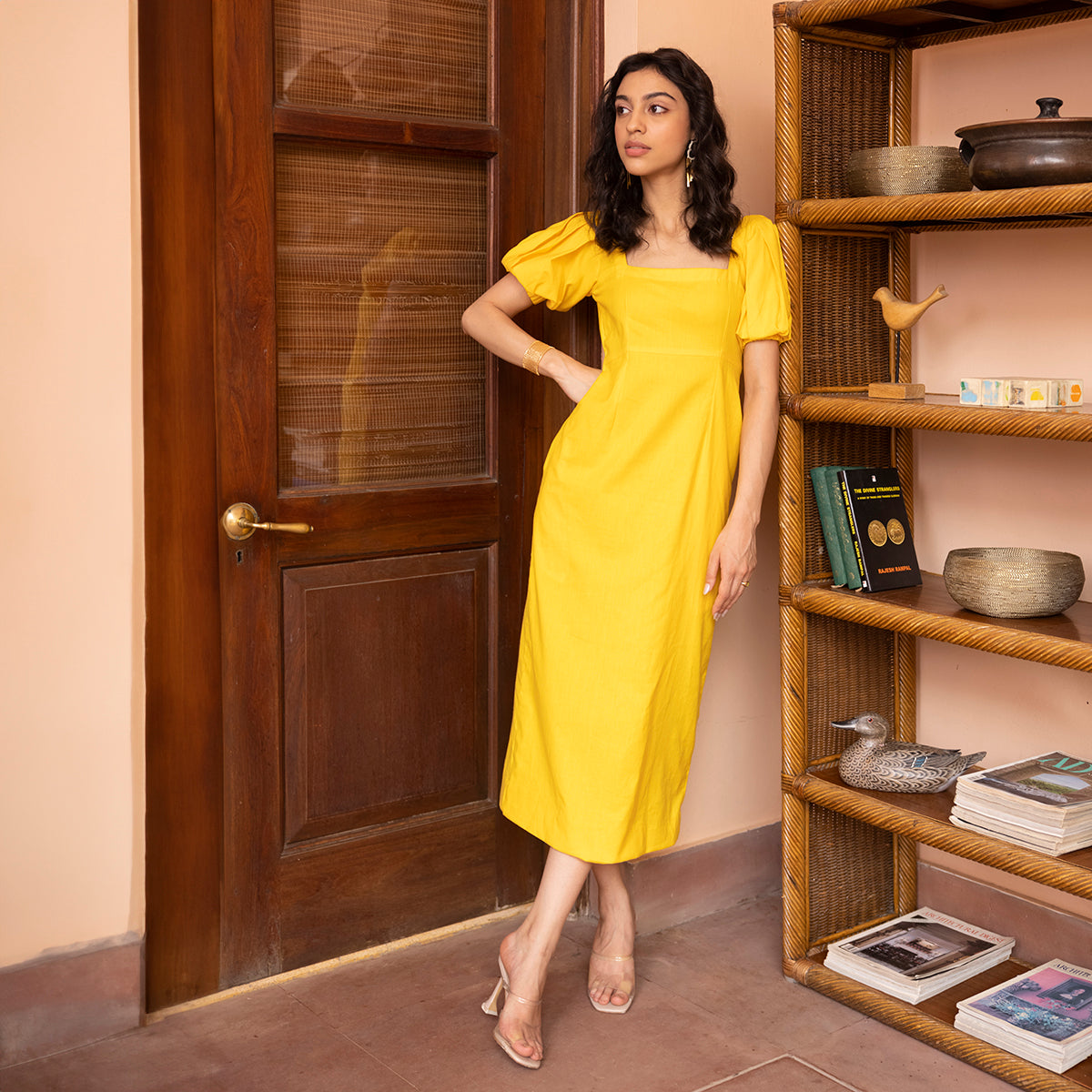 Organic Cotton Midi Dress for Women | Calf Length | Yellow