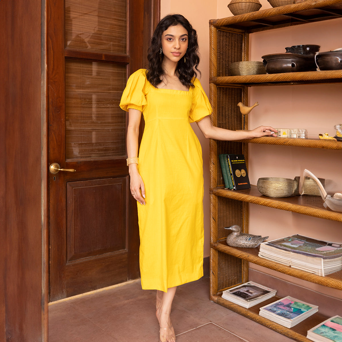 Organic Cotton Midi Dress for Women | Calf Length | Yellow