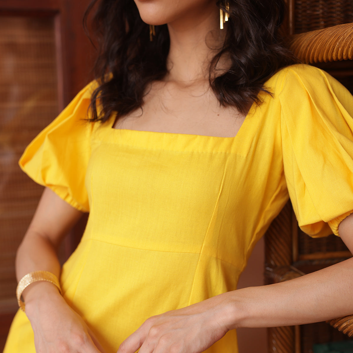 Organic Cotton Midi Dress for Women | Calf Length | Yellow