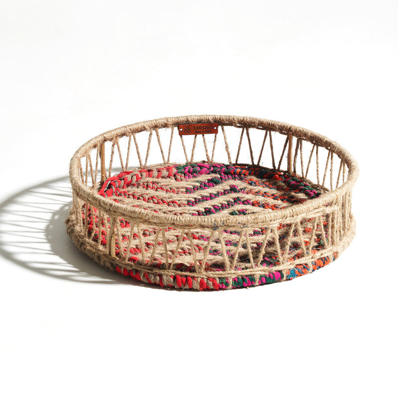 Jute & Metal Tray | Upcycled Textile | Round | Multicolour