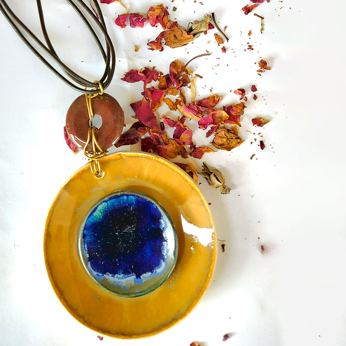 Saher Collection-Mustard And Blue Ceramic Pendant With Leather Cord