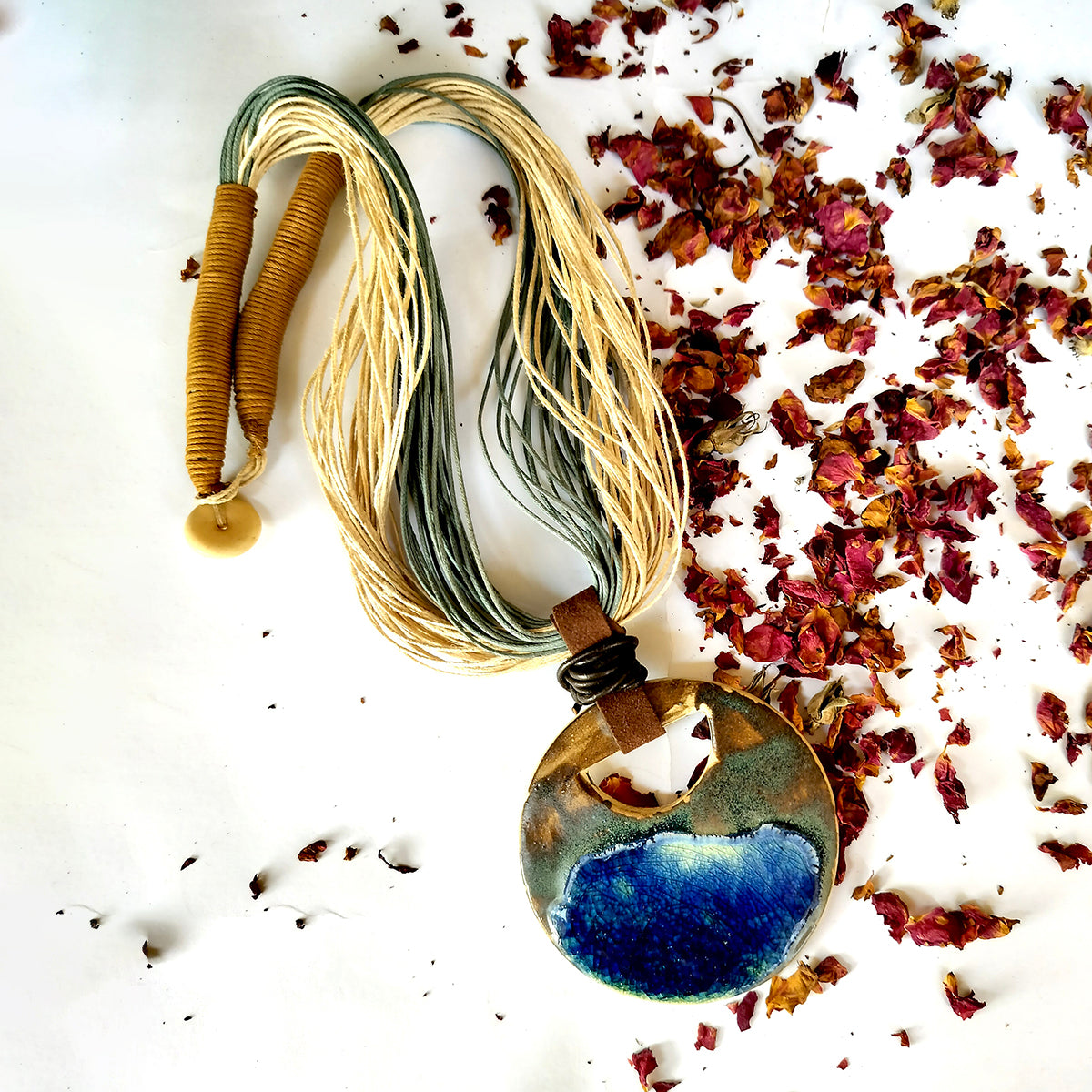 Saher Collection-Blue And Ash Ceramic Pendant With Cotton And Jute Thread