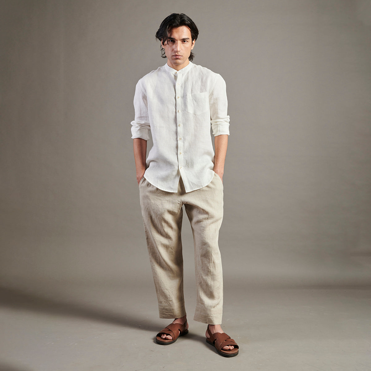 Taj Linen Band Collar Shirt