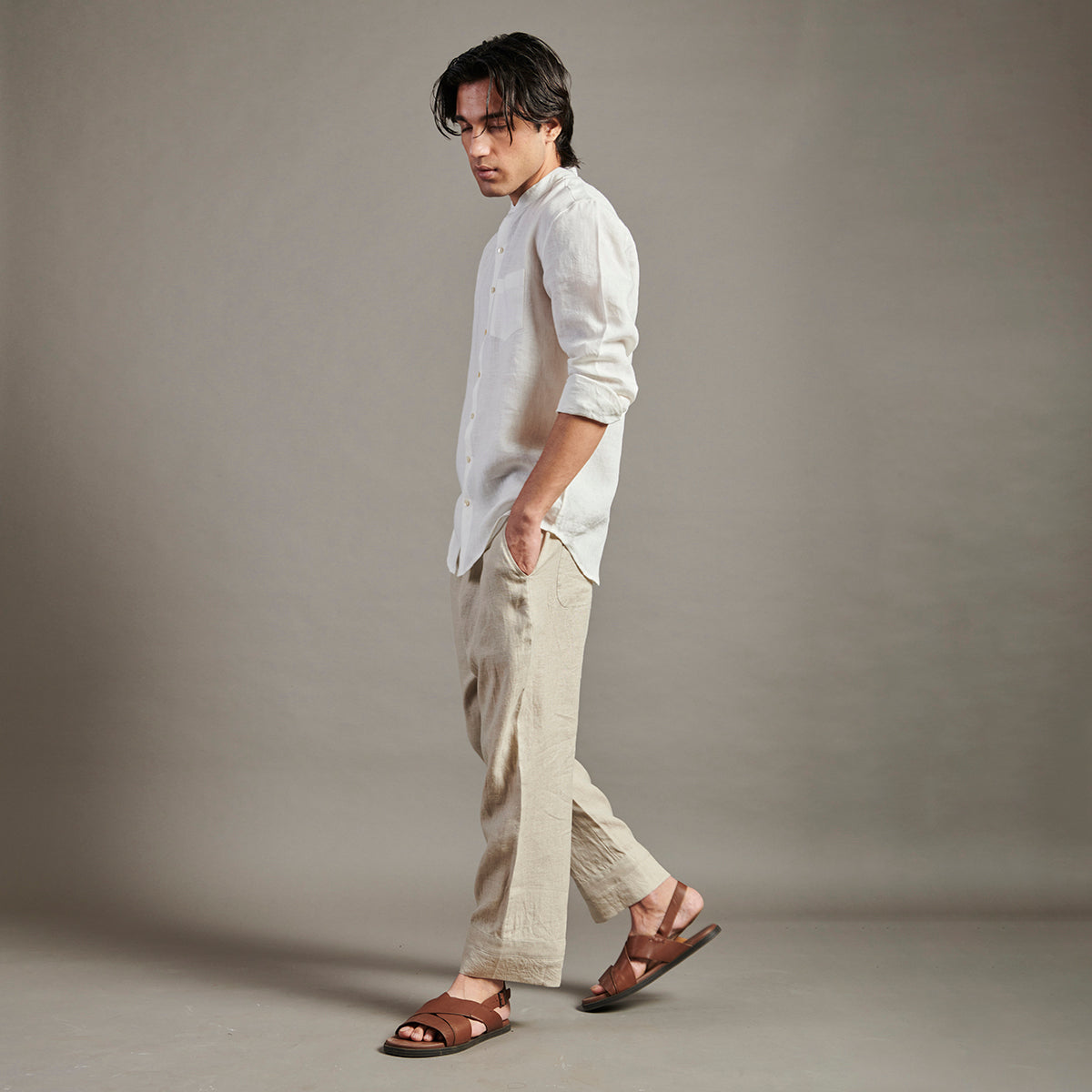 Taj Linen Band Collar Shirt