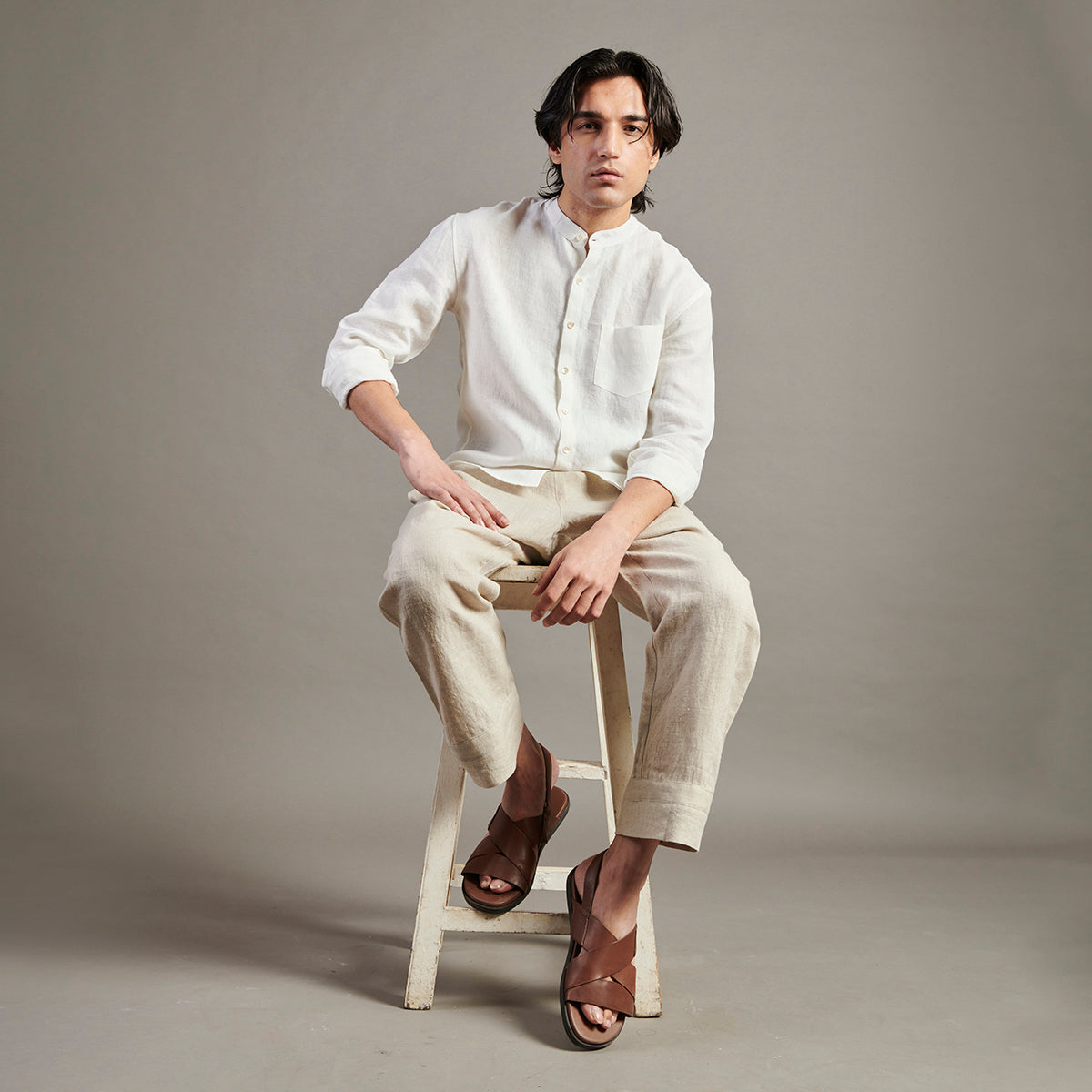 Taj Linen Band Collar Shirt