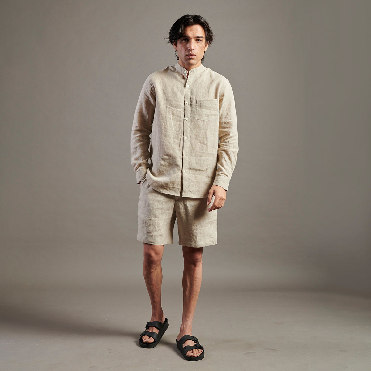 Undyed Linen Band Collar Shirt