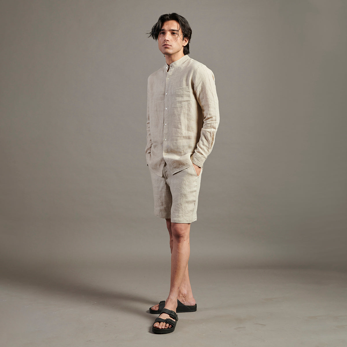 Undyed Linen Band Collar Shirt