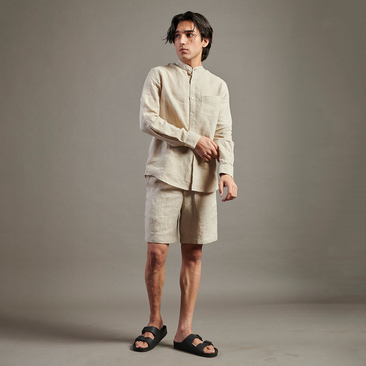 Undyed Linen Band Collar Shirt