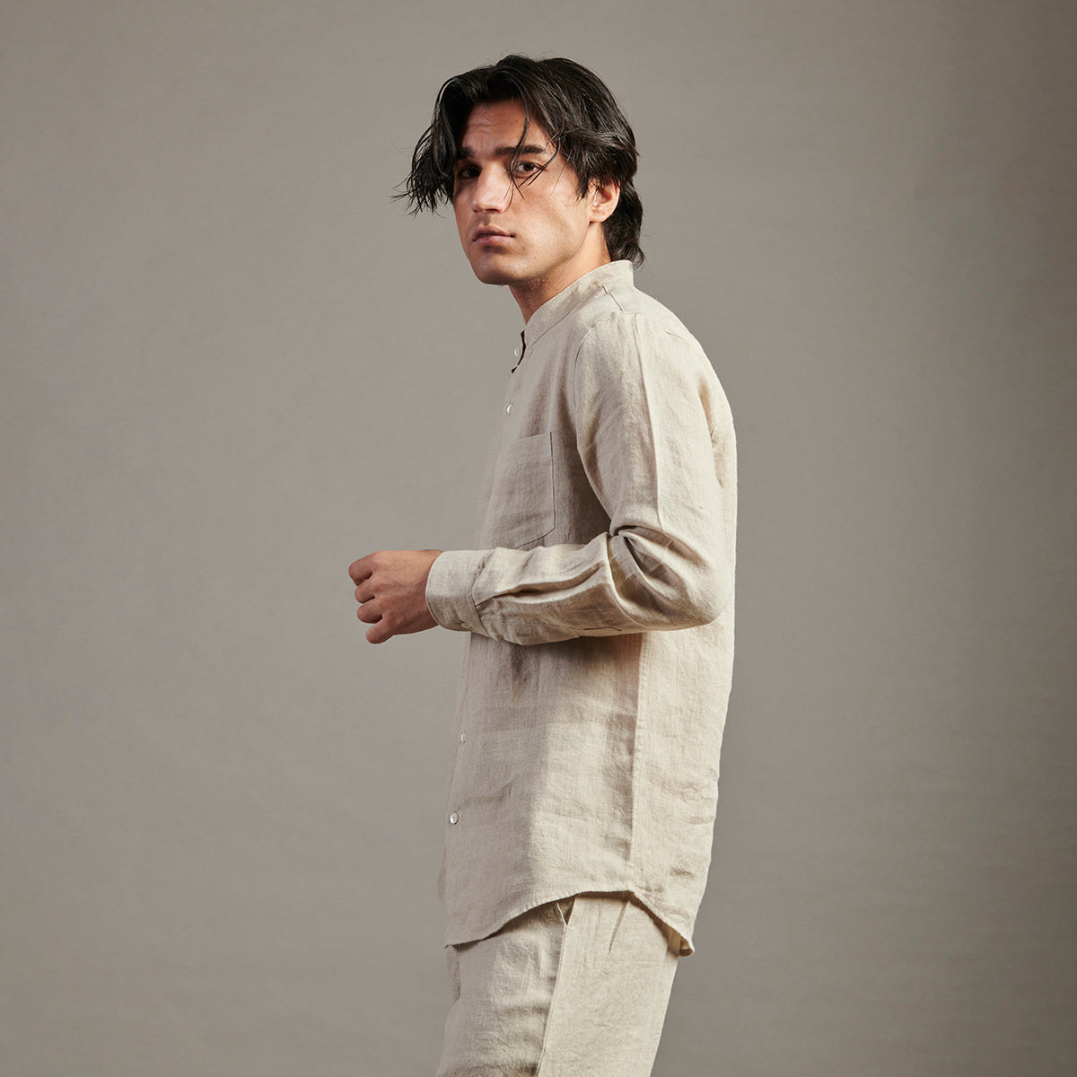 Undyed Linen Band Collar Shirt