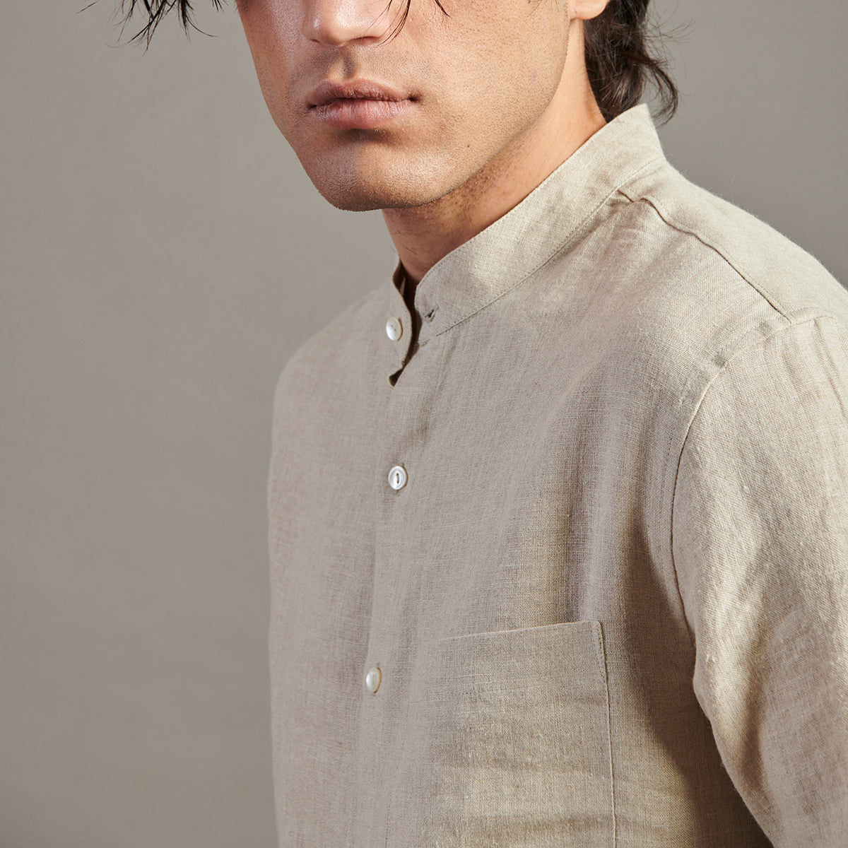 Undyed Linen Band Collar Shirt