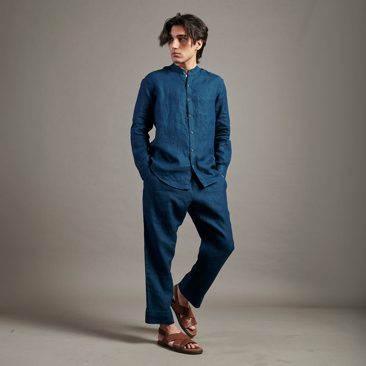 Indigo Linen Band Collar Shirt