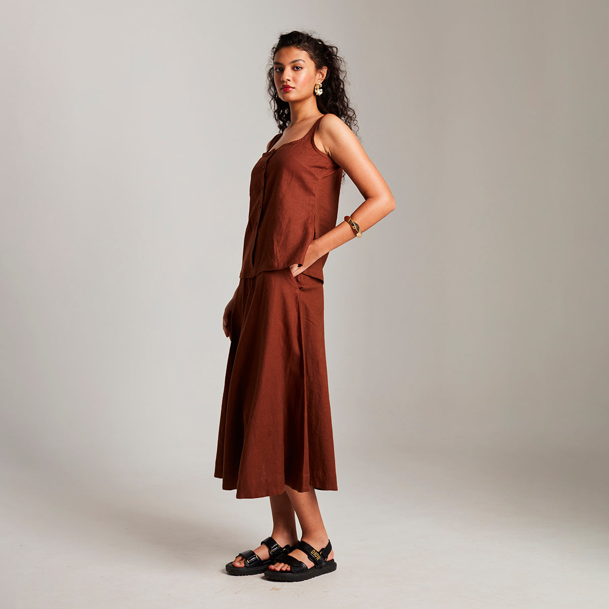 Mocha Co-Linen Side Slit Top & Skirt Set