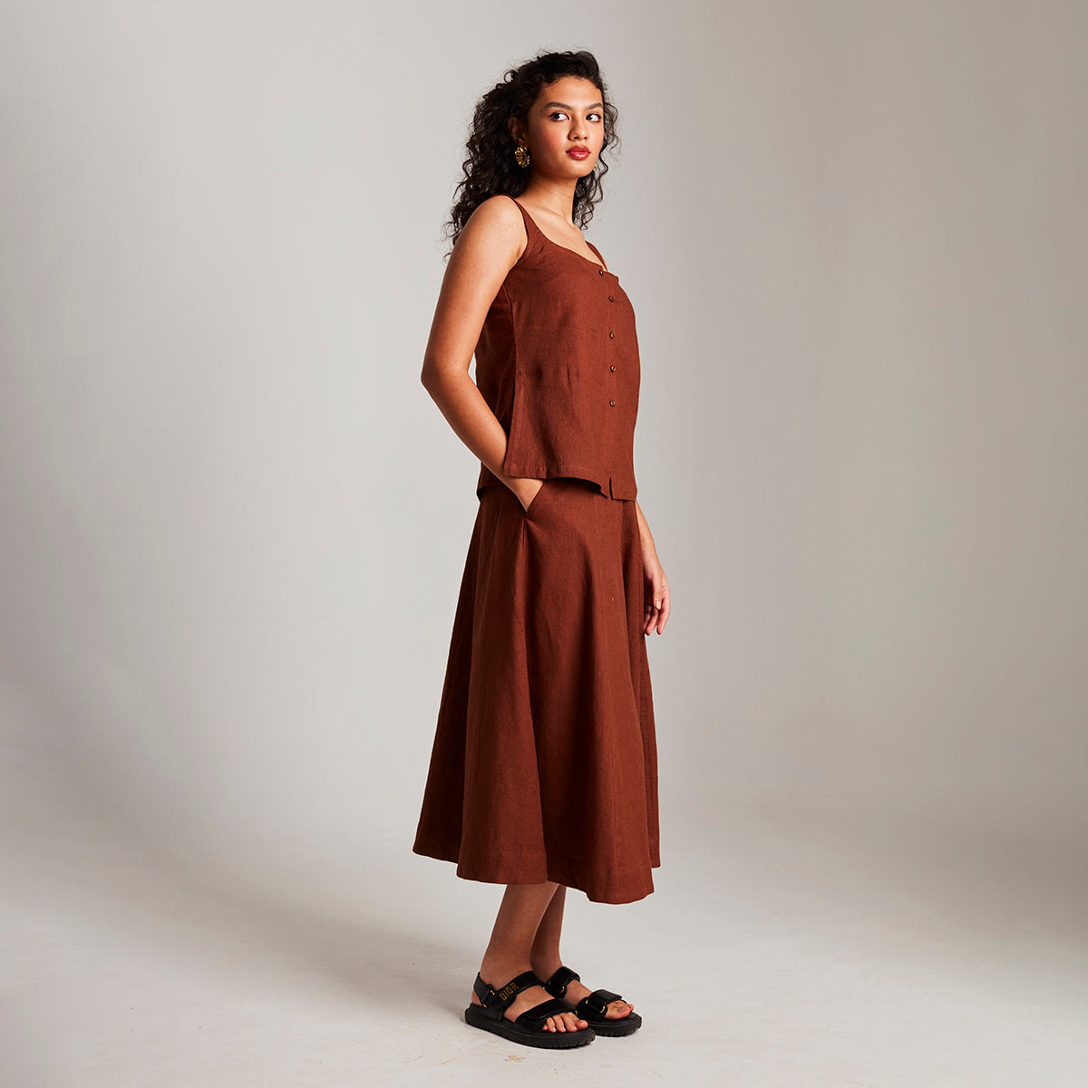 Mocha Co-Linen Side Slit Top & Skirt Set