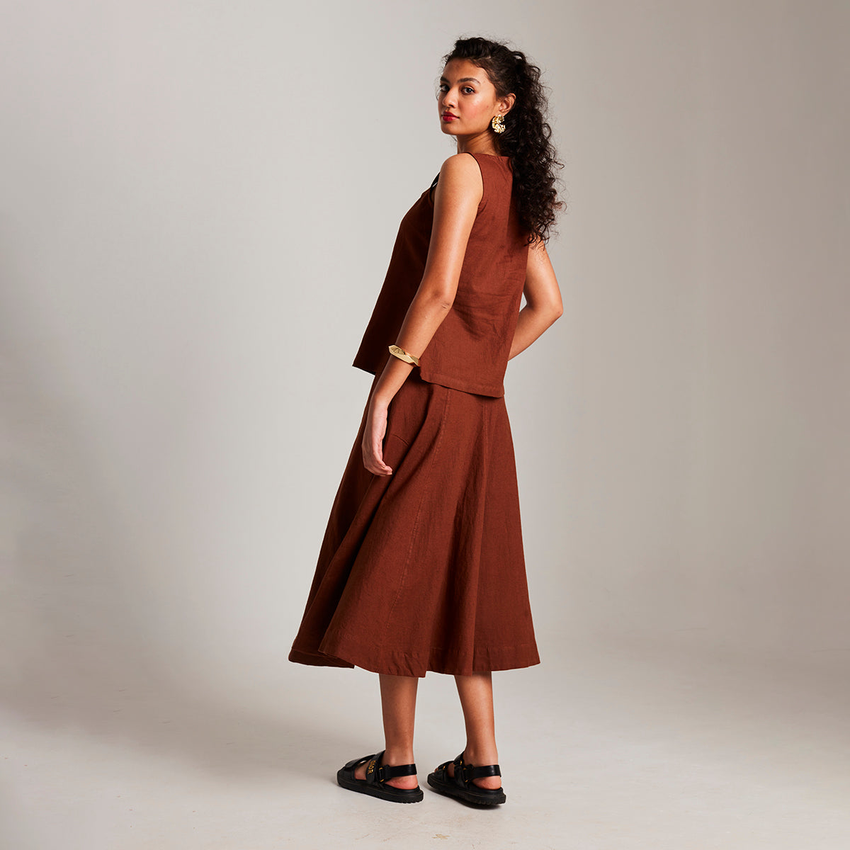 Mocha Co-Linen Side Slit Top & Skirt Set