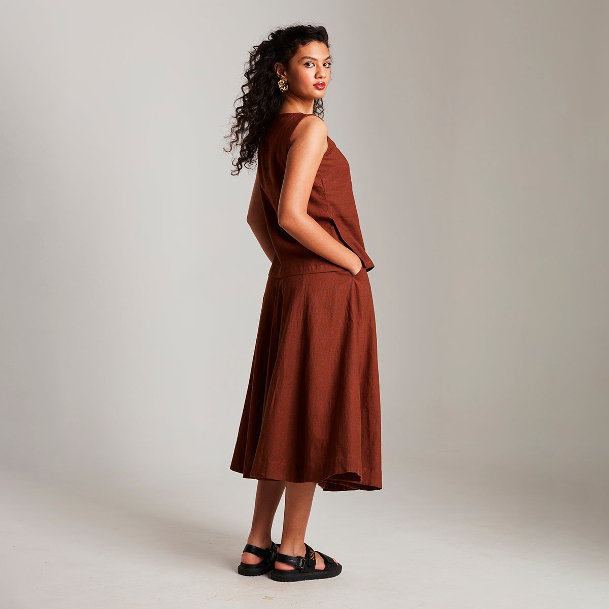 Mocha Co-Linen Side Slit Top & Skirt Set