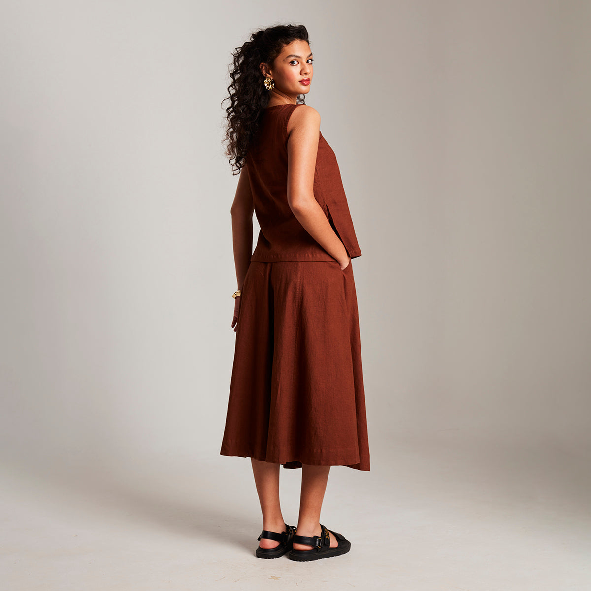 Mocha Co-Linen Side Slit Top & Skirt Set