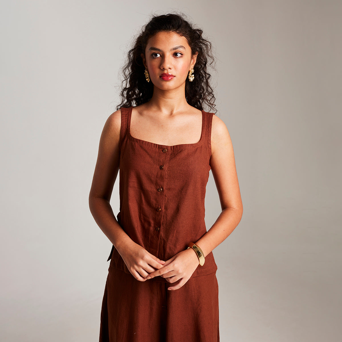 Mocha Co-Linen Side Slit Top & Skirt Set