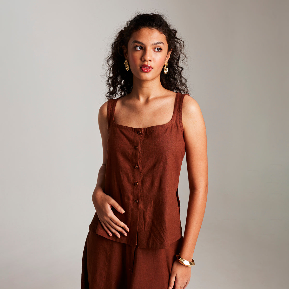 Mocha Co-Linen Side Slit Top & Skirt Set