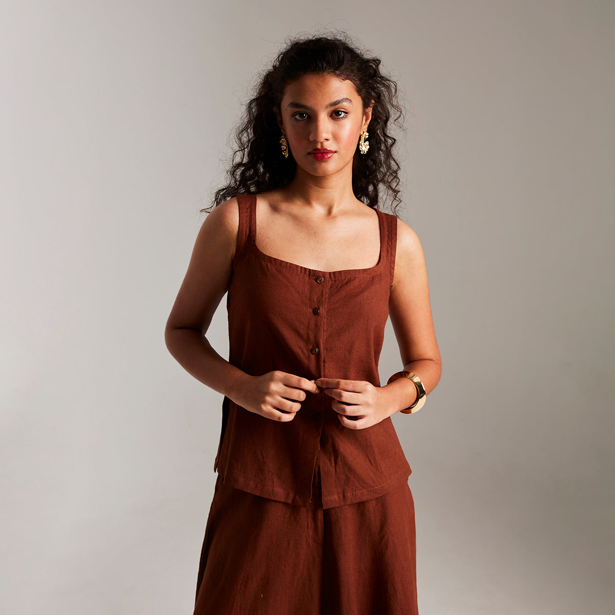 Mocha Co-Linen Side Slit Top & Skirt Set