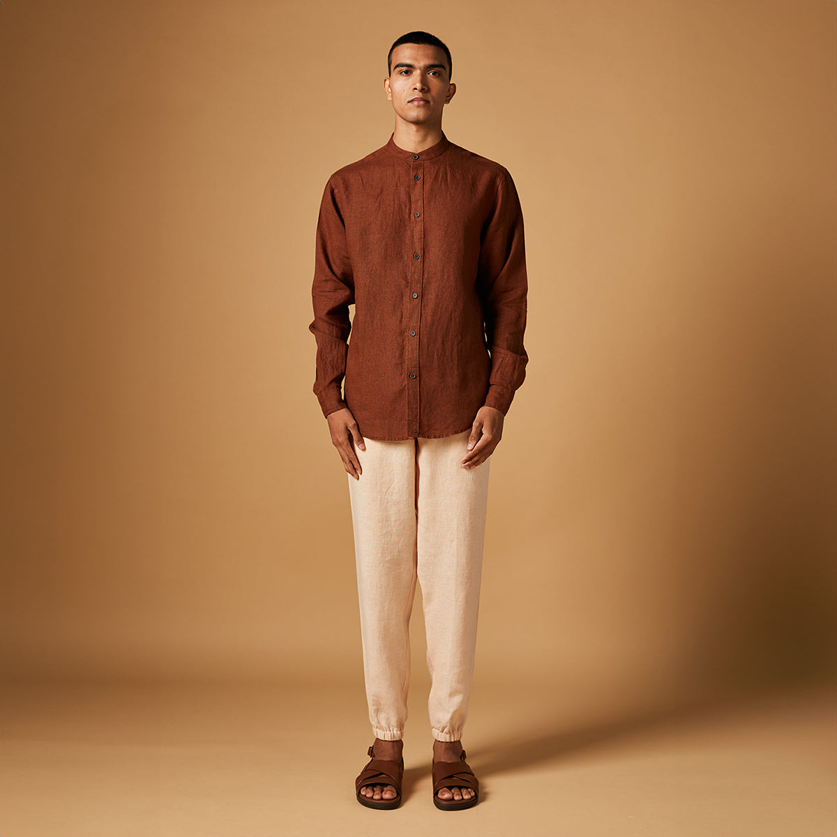 Cinnamon Linen Men's Band Collar Shirt